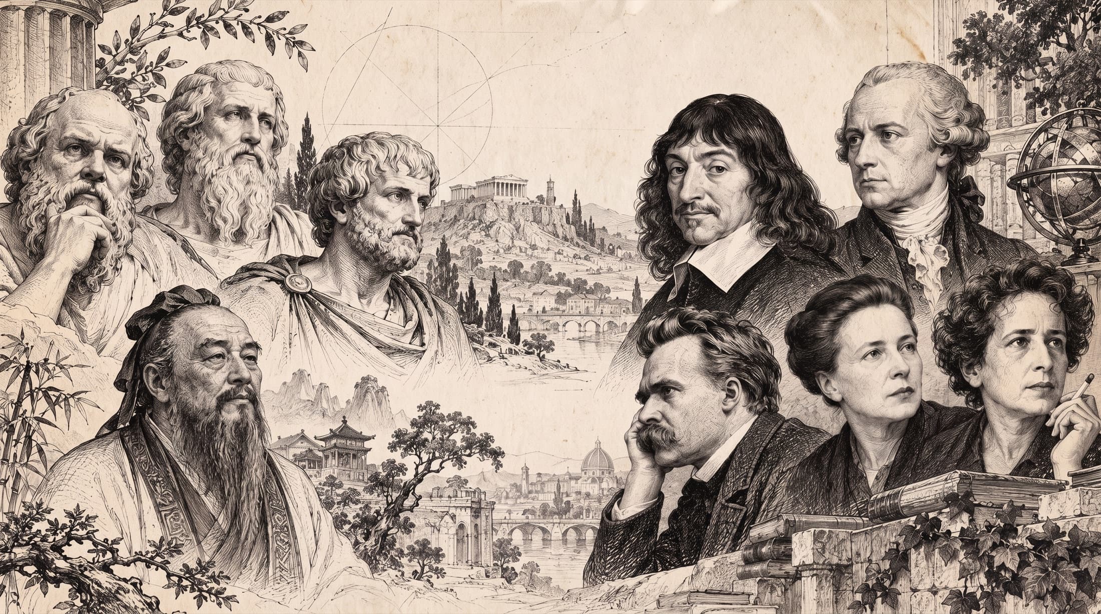 Gravura de filósofos, de Sócrates e Confúcio a Descartes, Nietzsche, Beauvoir e Arendt, reunidos numa paisagem clássica.